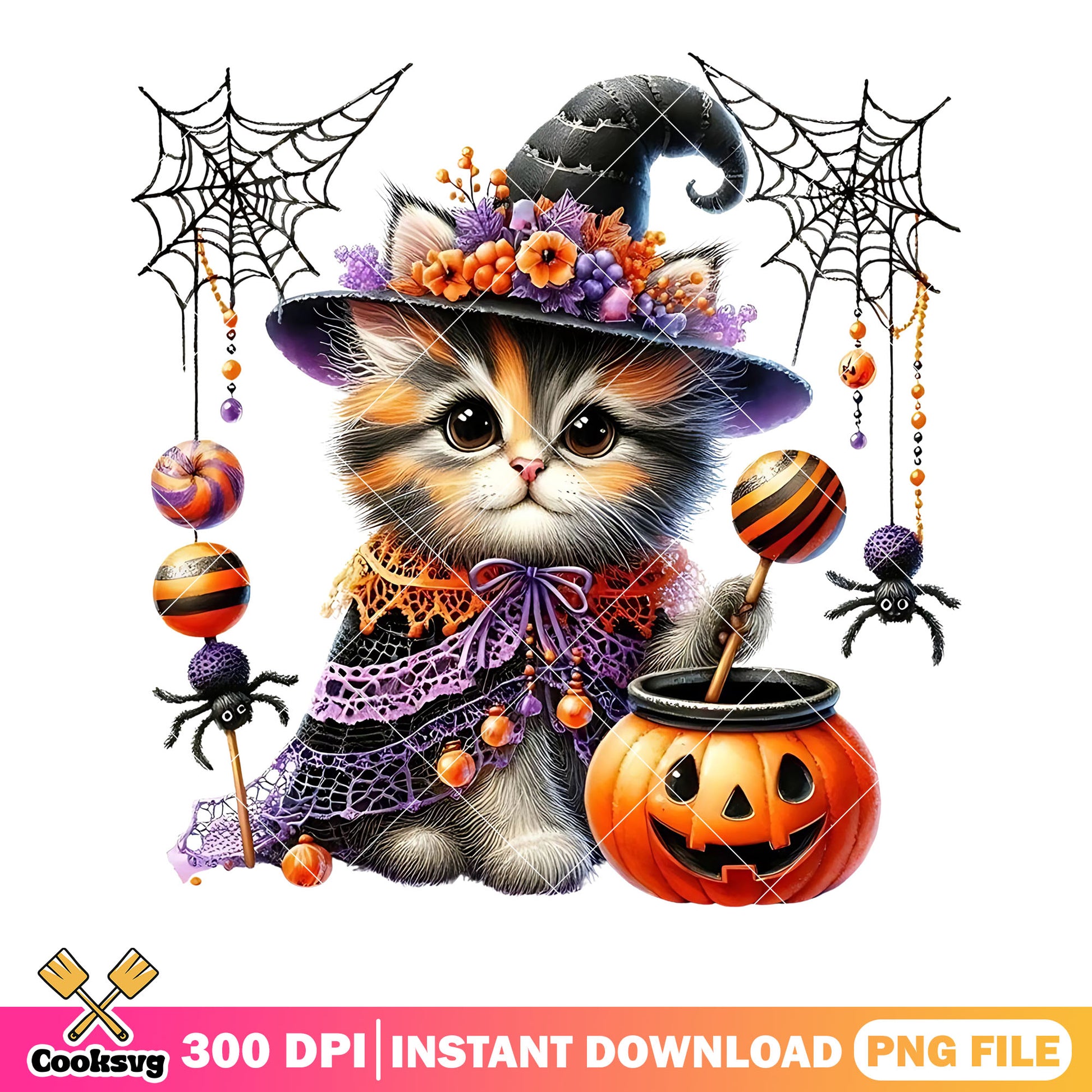 Cute kitten halloween png, wizard costume png, scary halloween night png
