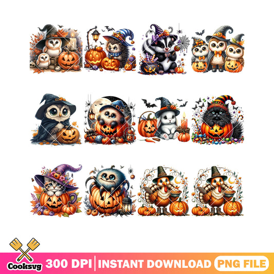 Cute owl turkey black cat png bundle, jack o lantern png, scary bats png