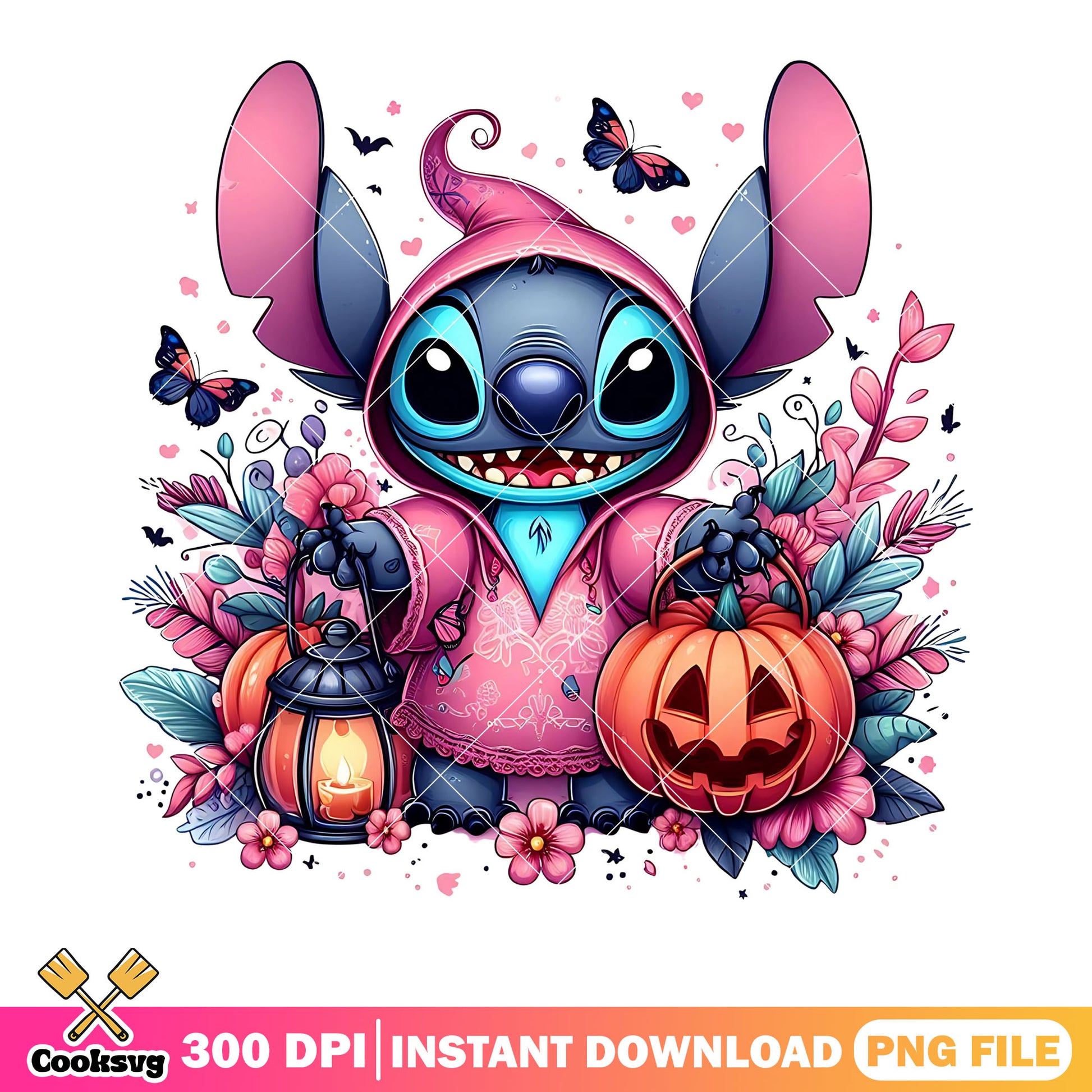 Cute pink hoodie stitch png, disney halloween png, wicker pumpkin png