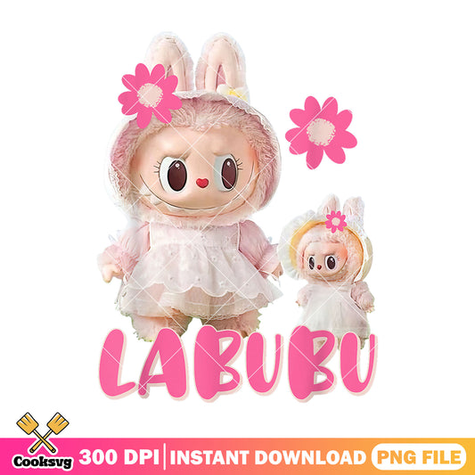 Cute pink labubu flower png, labubu dolls png, pink labubu png
