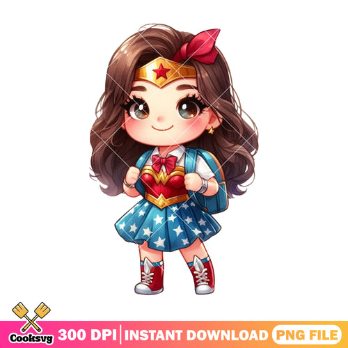 Cute wonder woman png, back to school student png, dc art png
