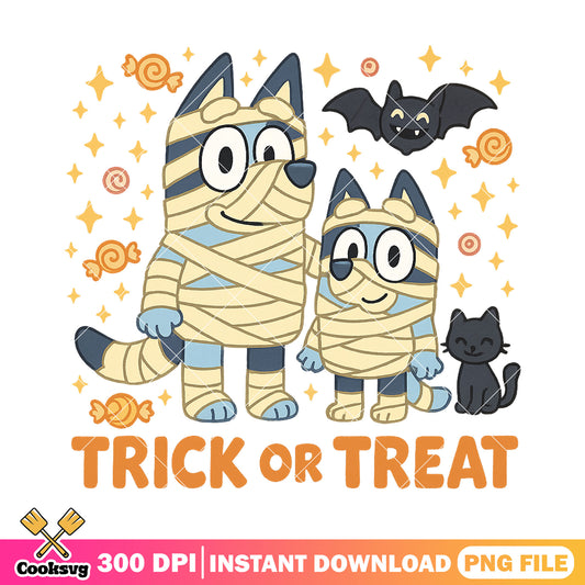 Dad and bluey cosplay mummy on halloween day png, cartoon casts  png