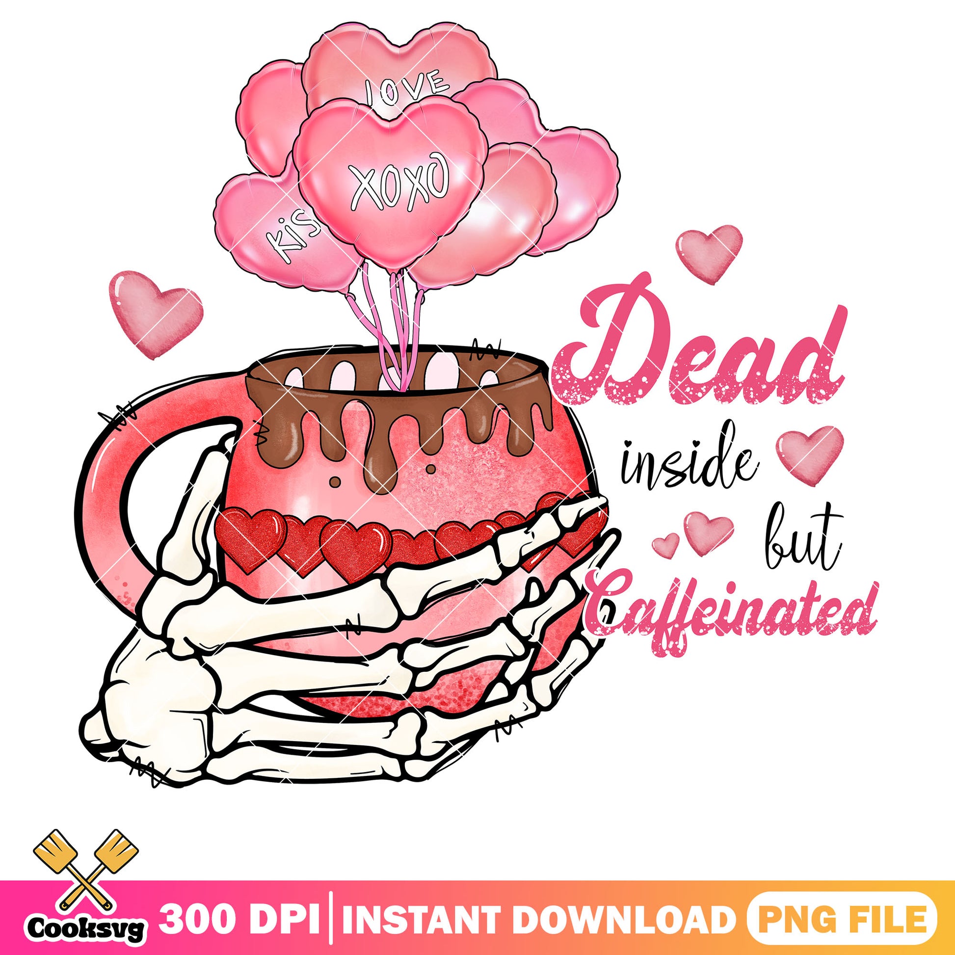 Dead inside but caffeinated png, skeleton valentine png