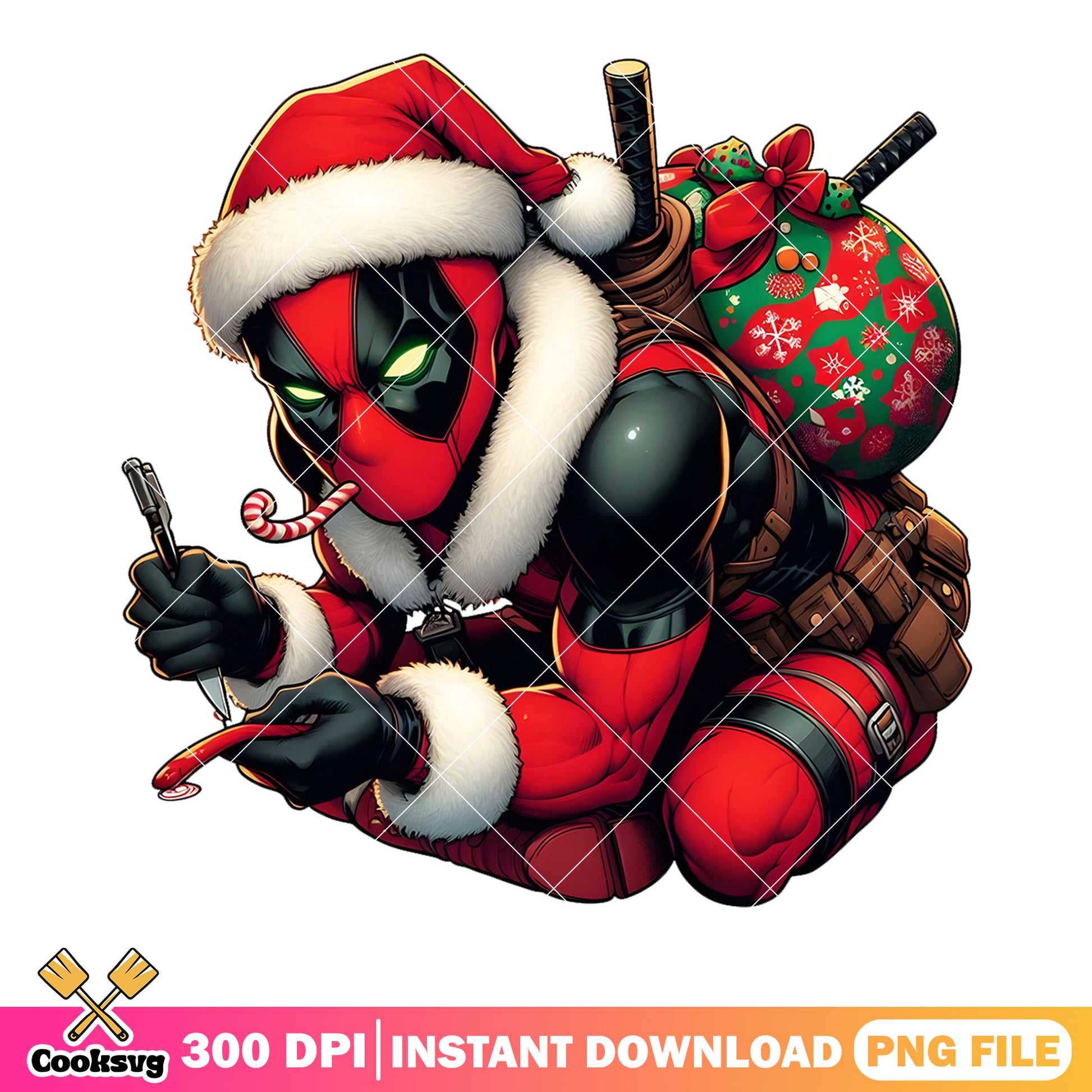 Deadpool singing candy cane png, holiday pose png, gift sack png
