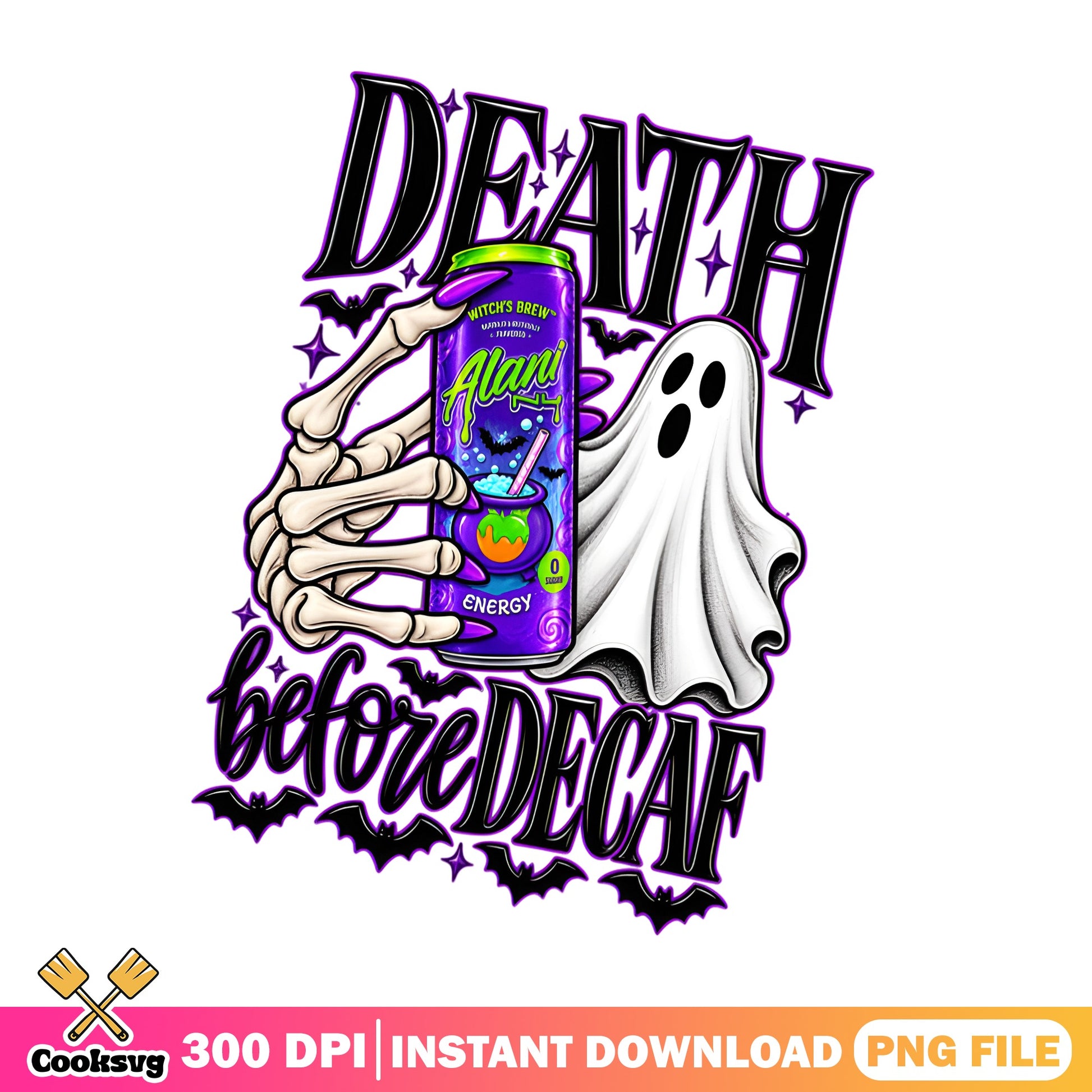 Death Before Decaf Halloween PNG, Skeleton Ghost PNG, Spooky PNG