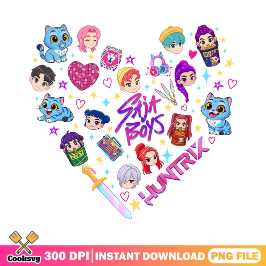 Demon hunters cute stuff png, huntrix girl png, saja boys band png