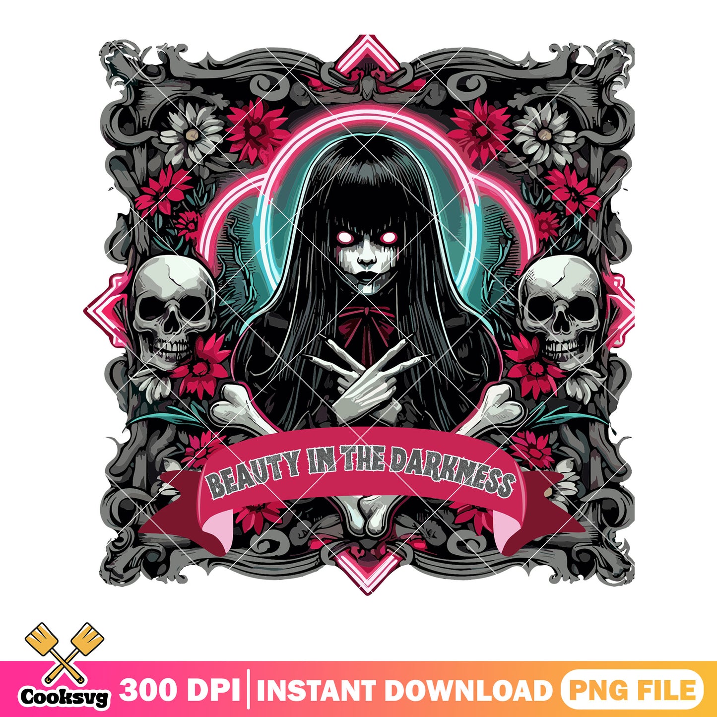 Demon women skull skeleton png, red flower png, halloween scary png