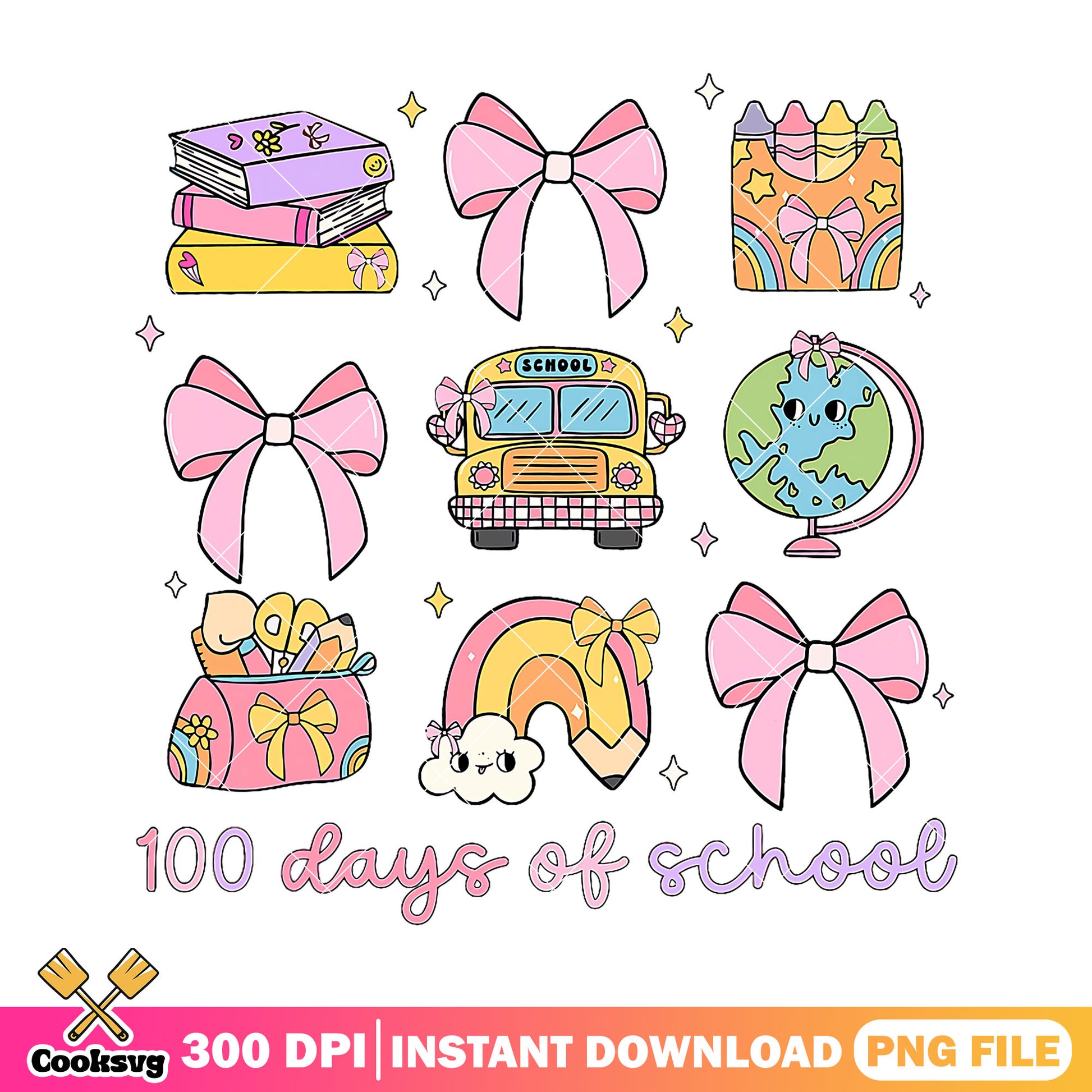 Design 100 days of school png, supplies art png, go back to school png