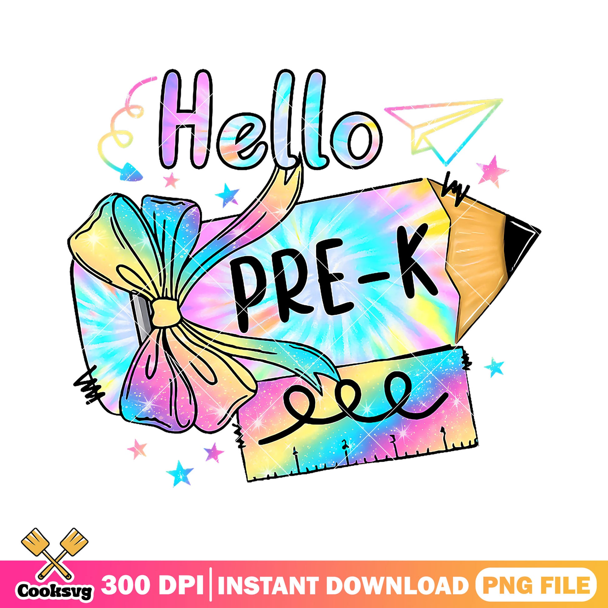 Design hello pre-k png, rainbow pencil png, back to school art png