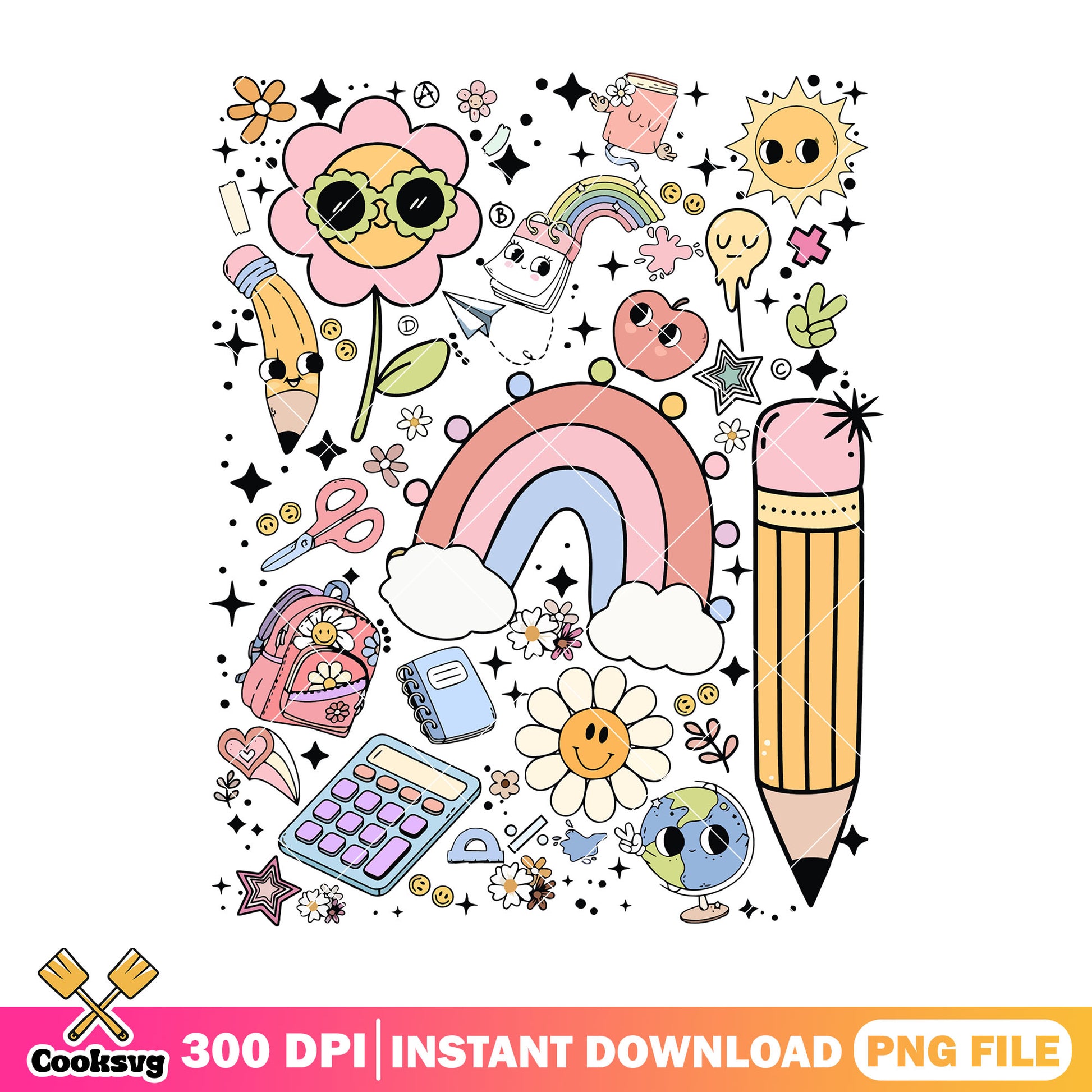 Different items design png, big pencil png, back to school decor png