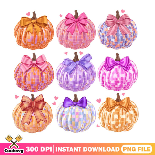 Disco Pumpkin With Bow PNG Bundle, Halloween PNG, Fall PNG