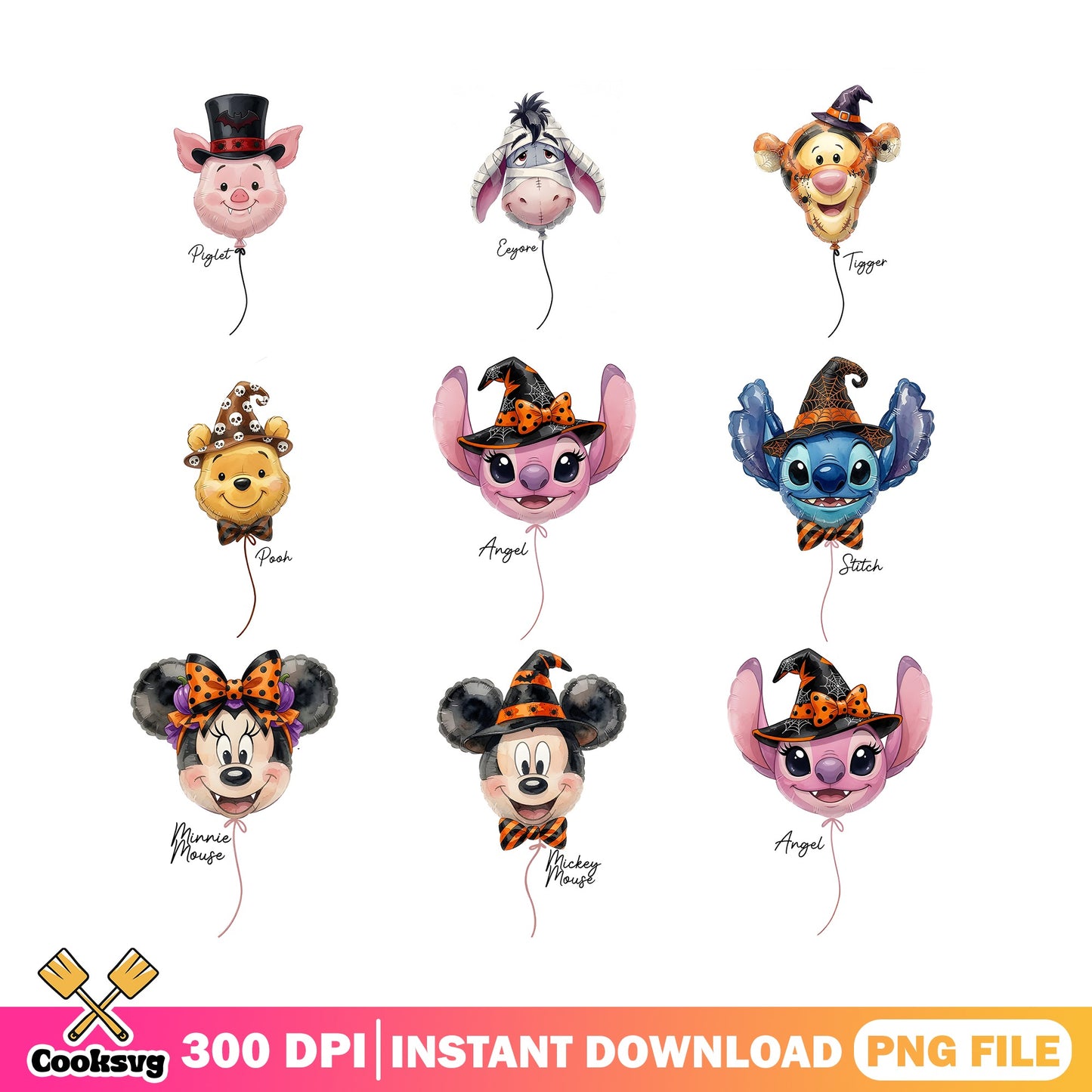 Disney Halloween Balloon Bundle PNG, Mickey Stitch Pooh PNG, Halloween PNG