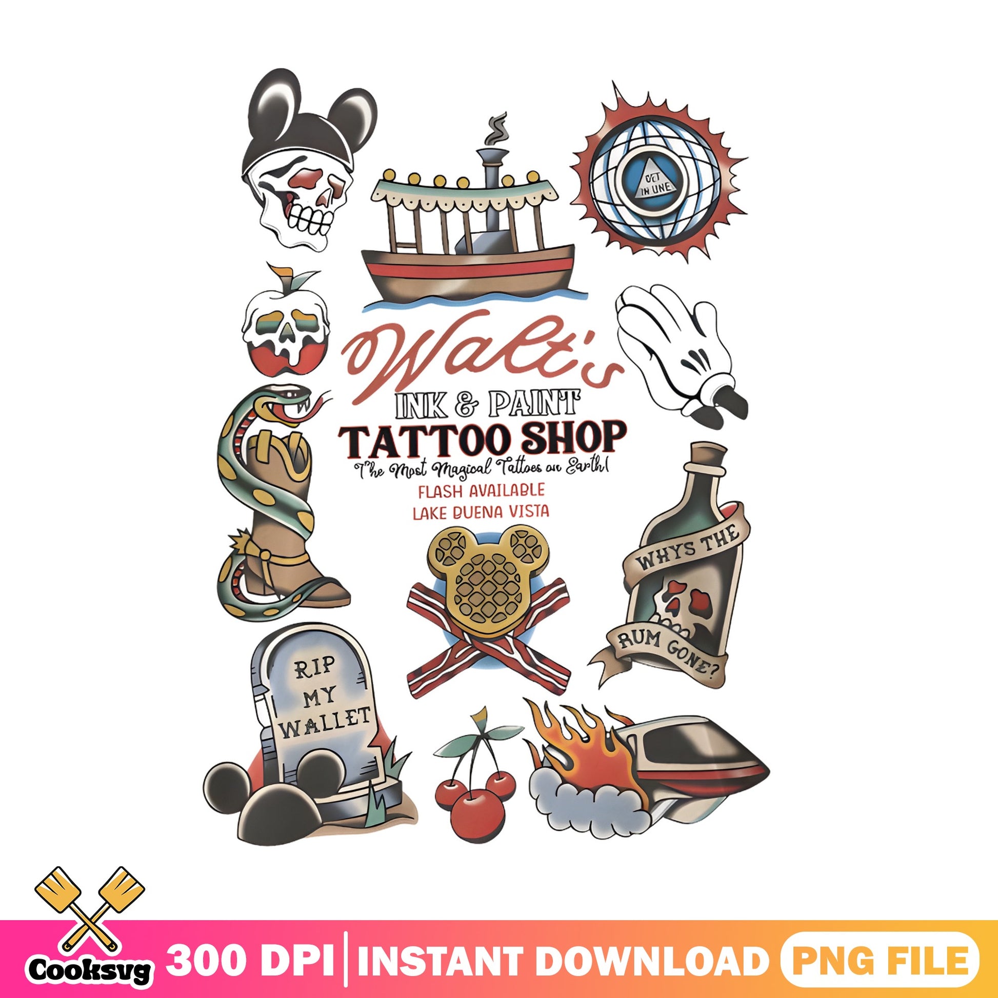 Disney Tattoo Flash Sheet PNG, Walt's Ink Paint Shop PNG