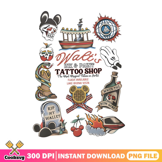 Disney Tattoo Flash Sheet PNG, Walt's Ink Paint Shop PNG