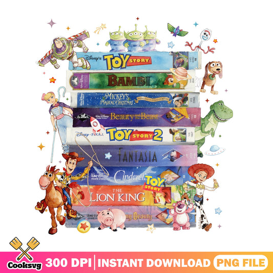 Disney VHS Tape Stack PNG, Toy Story Characters PNG, Retro Disney Movies PNG