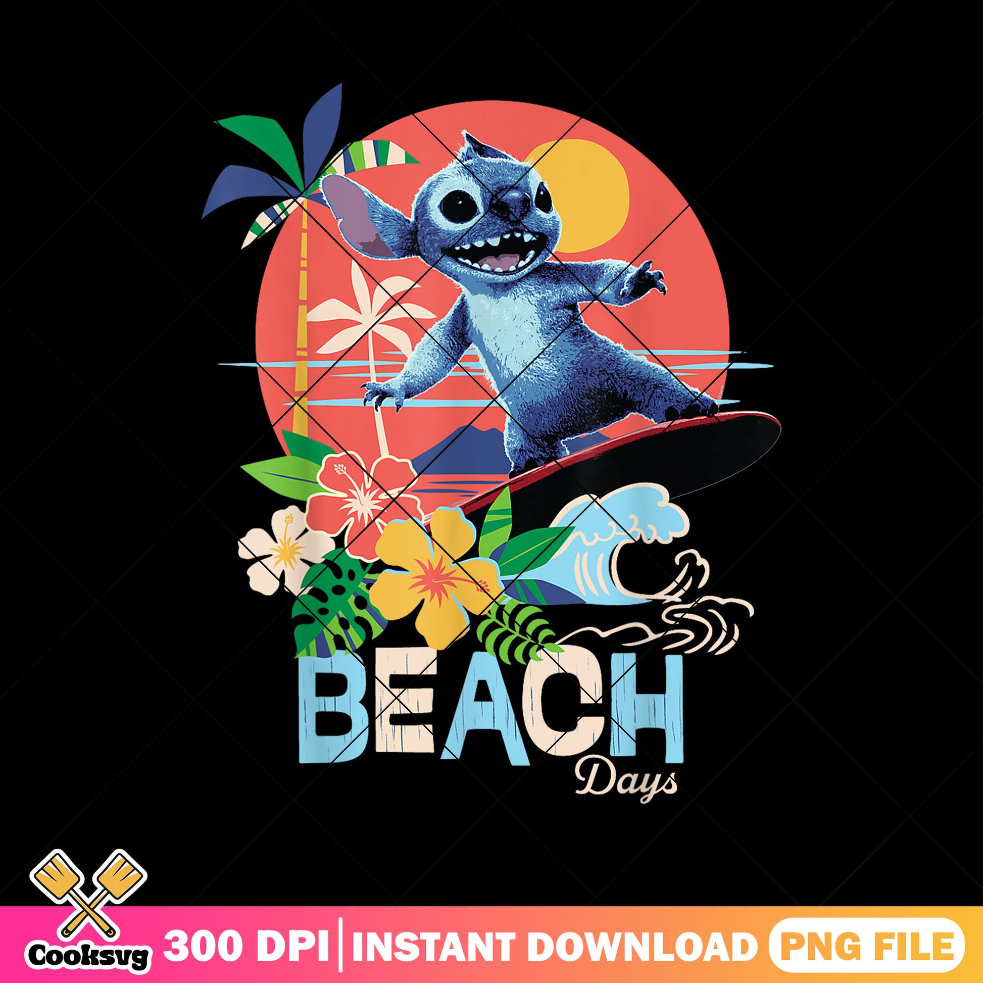 Disney stitch beach day png, stitch beach png, stitch surfing​ png