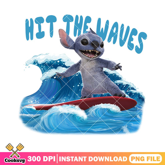Disney stitch hit the waves png, stitch hawaii​ png, stitch wave​ png
