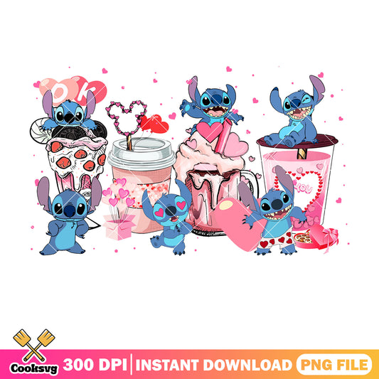 Disney stitch pink coffee valentine png, stitch valentine png