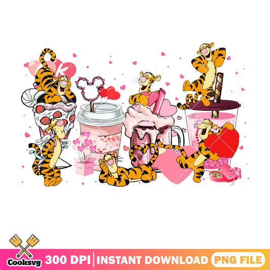 Disney tigger pink coffee valentine png, pooh valentine png