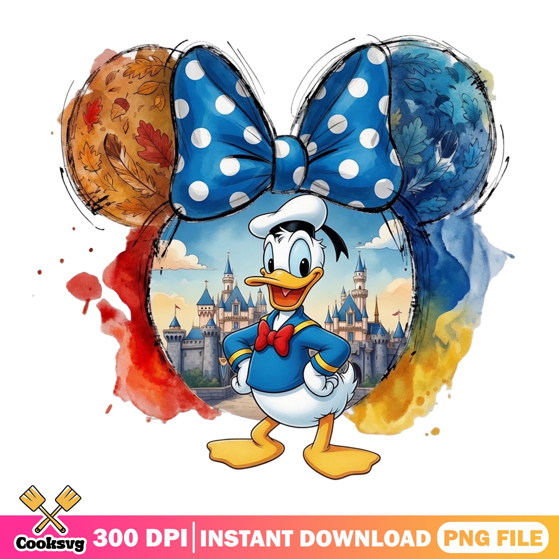 Donald Duck Mickey Ears Watercolor PNG, Disney Castle PNG, Fall PNG