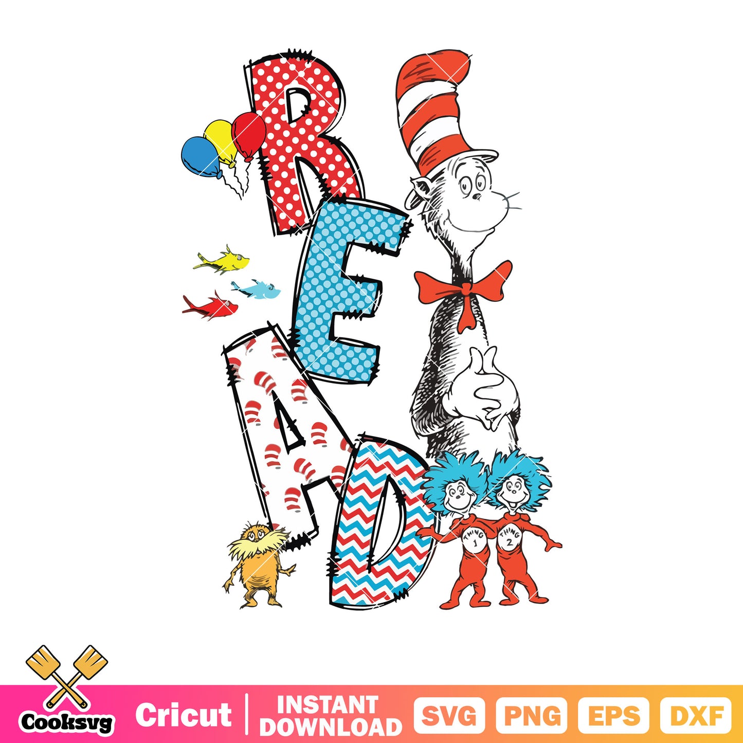 Dr seuss and thing one read svg, dr seuss head svg, dr seuss friends svg