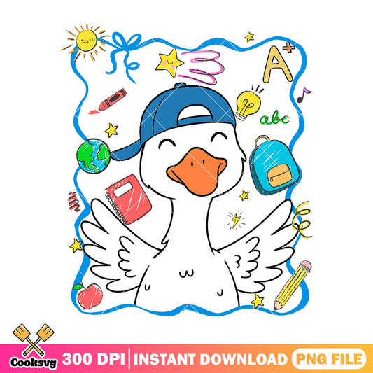 Duck going school png, back to school art png, duck white png