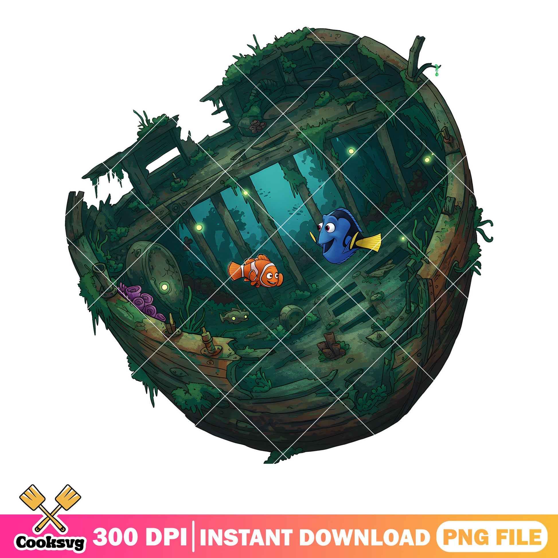 Duo fish friends in a wreck png, marlin dory png, disney poster png