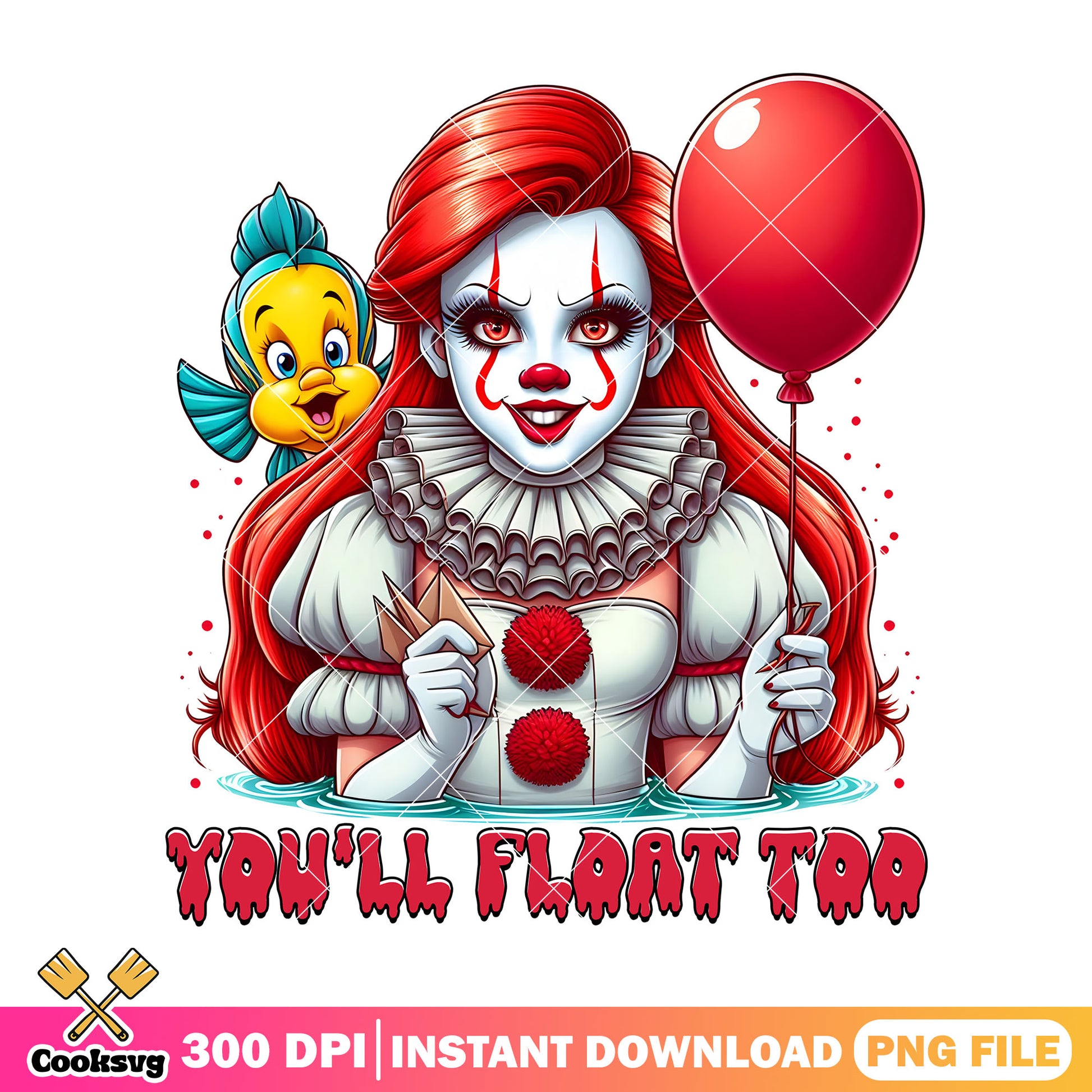 Eerie clown princess png, you will float too png, horror disney png