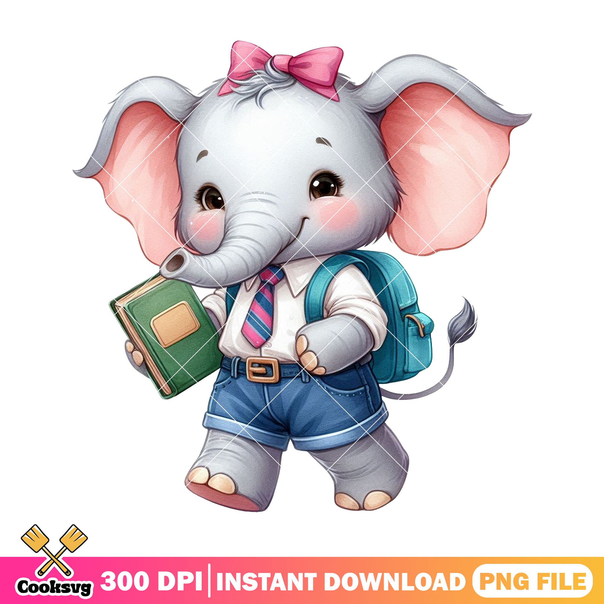 Elephant and blue bag png, back to school art png, elephant girl png
