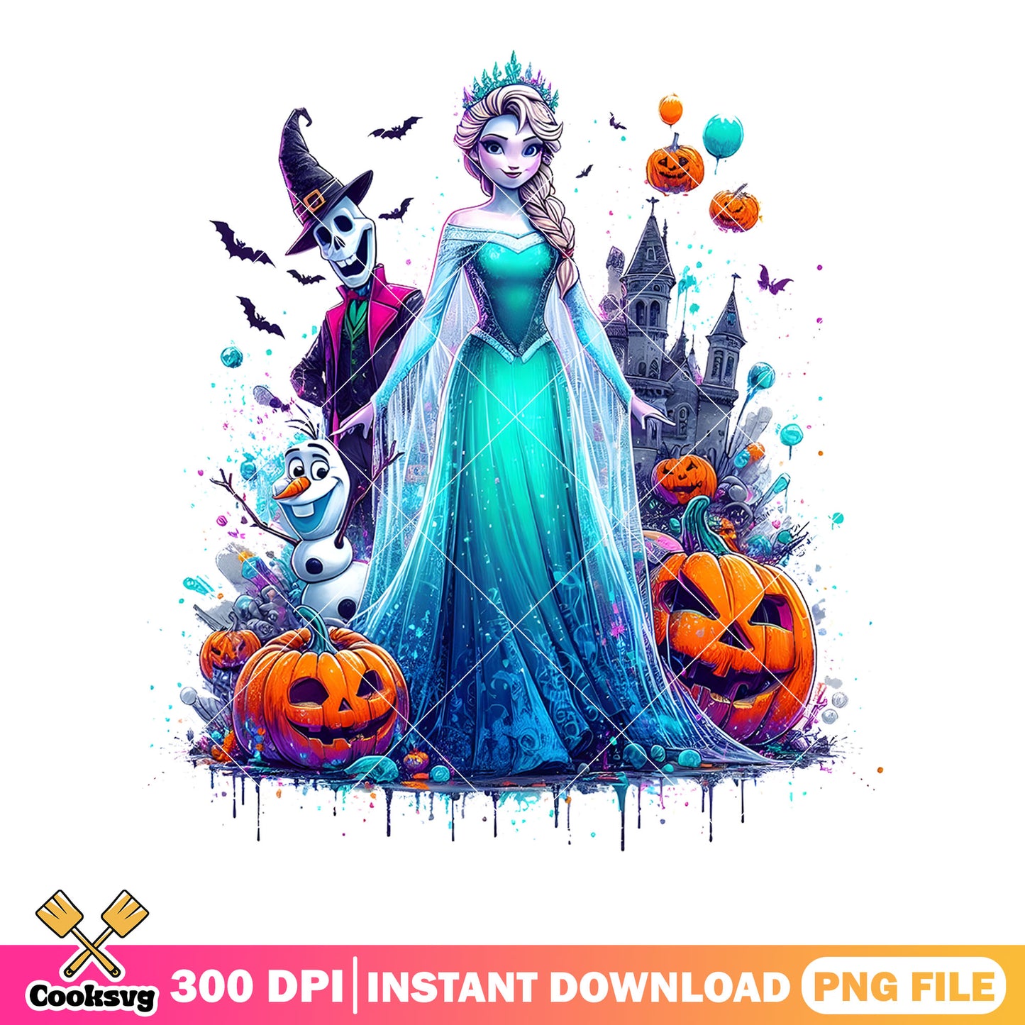Elsa and olaf halloween png, disney halloween​ png, spooky castle png