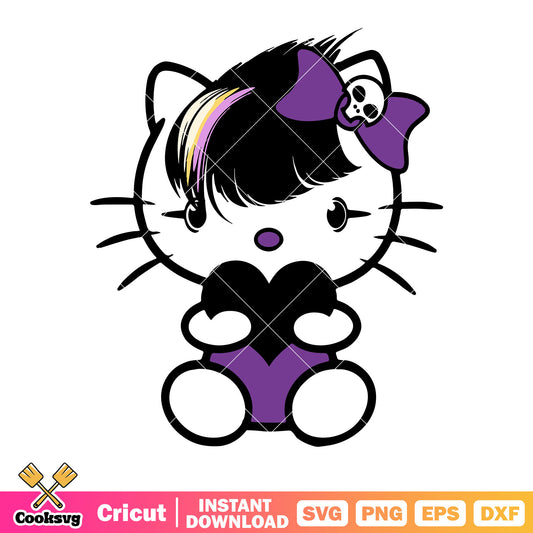 Emo hello kitty svg, black heart svg, purple bow tie svg