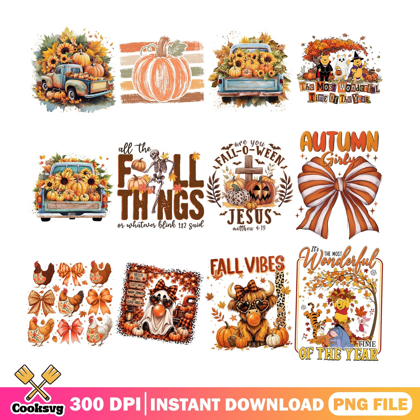 Fall Autumn Bundle PNG, Halloween Pumpkin Truck PNG, Winnie The Pooh Fall PNG