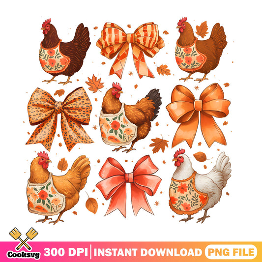 Fall Chicken And Bow PNG Bundle, Autumn Hen Clipart PNG, Coquette PNG
