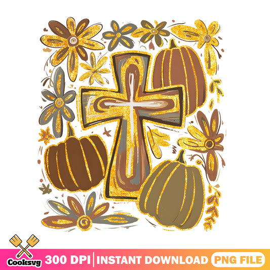 Fall Cross Pumpkin Floral PNG, Autumn Christian PNG, Thanksgiving PNG