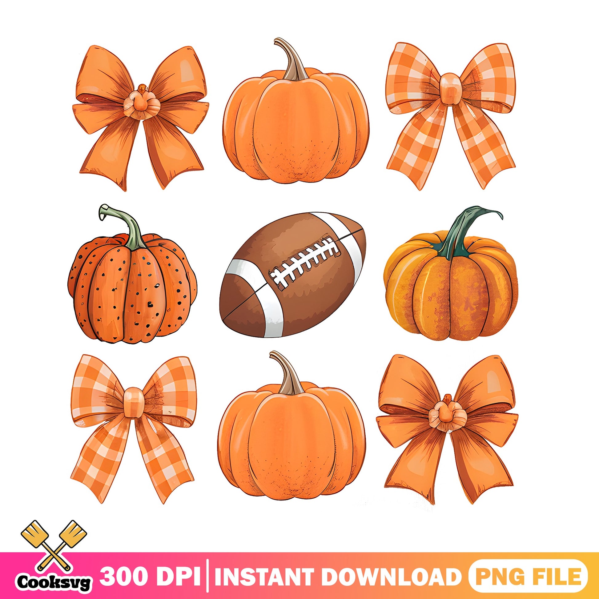 Fall Pumpkin Football Bow Clipart Bundle PNG, Thanksgiving PNG, Autumn PNG