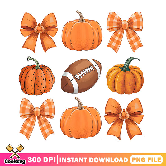 Fall Pumpkin Football Bow Clipart Bundle PNG, Thanksgiving PNG, Autumn PNG
