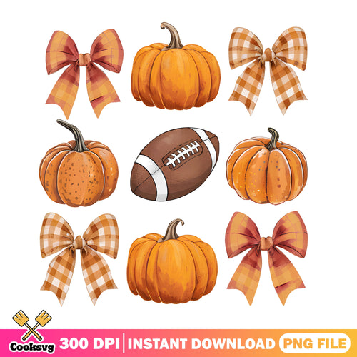 Fall Pumpkin Football Bow Clipart Bundle, Thanksgiving PNG, Fall PNG