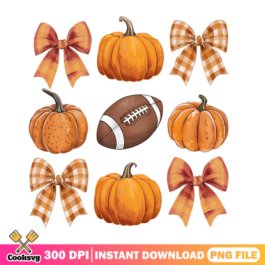 Fall Pumpkin Football Bow Clipart Bundle, Thanksgiving PNG, Fall PNG