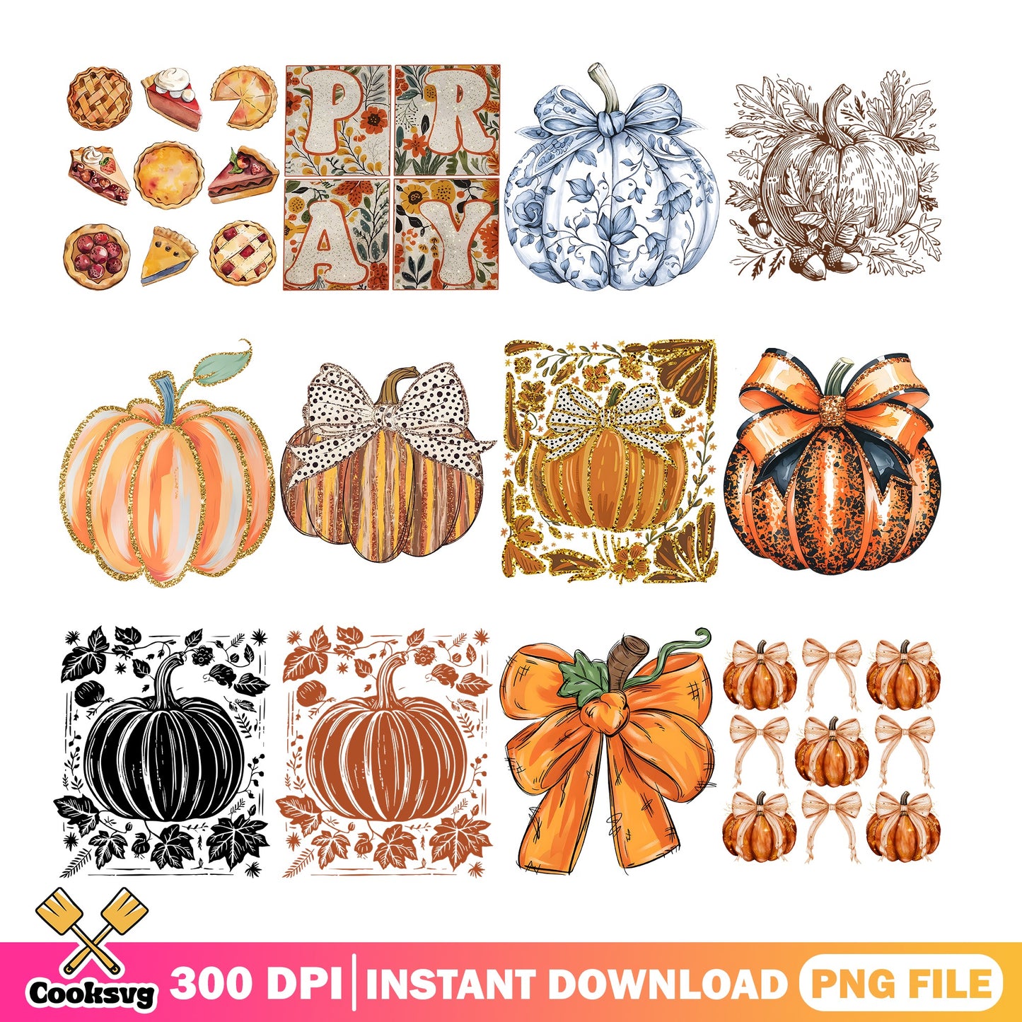 Fall Pumpkin PNG Bundle, Thanksgiving Autumn Clipart, Halloween PNG