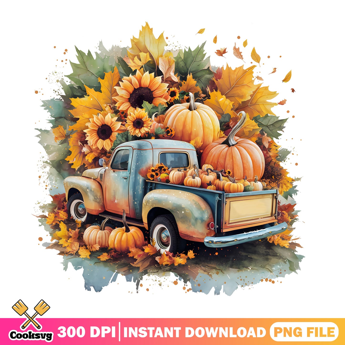 Fall Truck With Pumpkins PNG, Autumn Sunflower Truck PNG, Thanksgiving PNG
