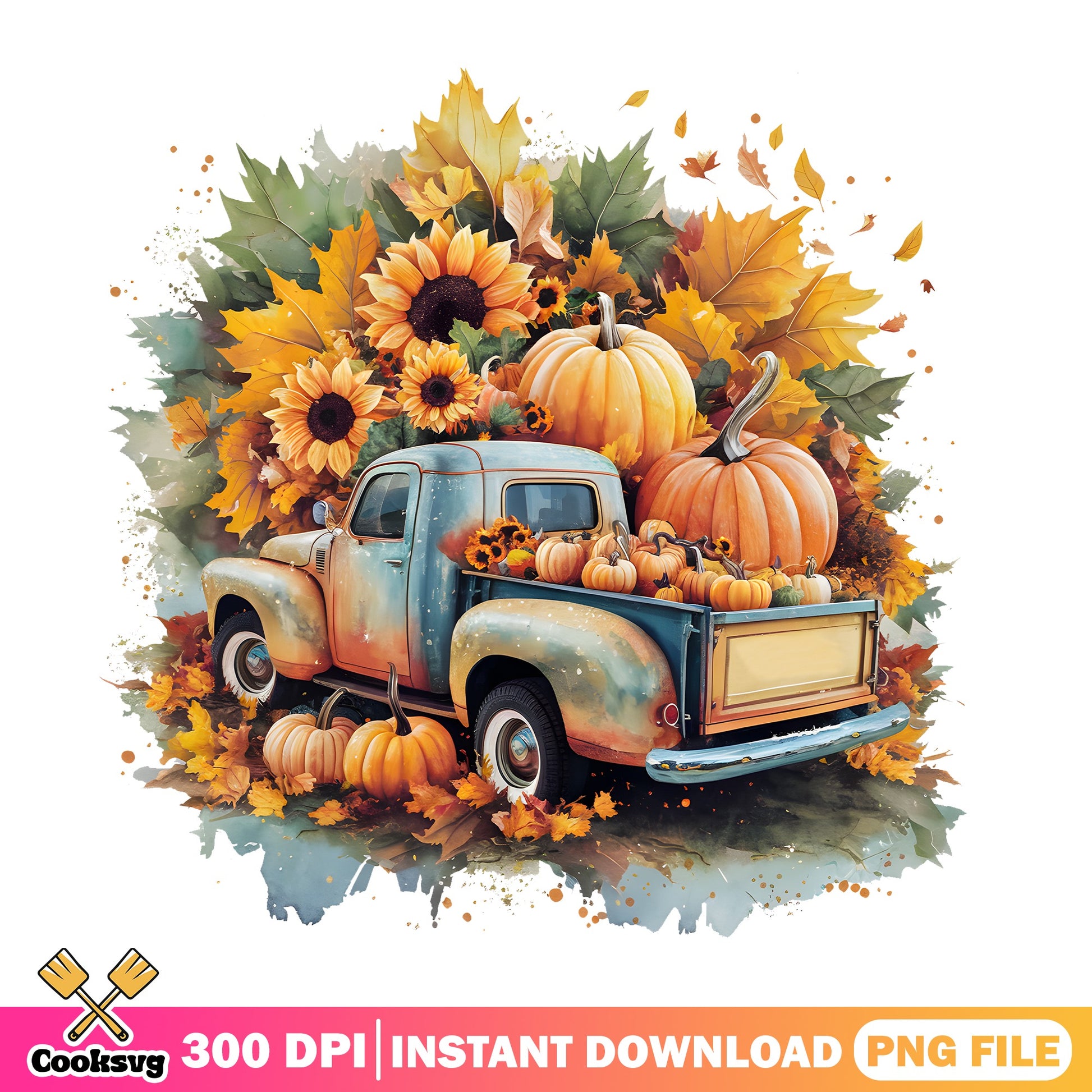 Fall Truck With Pumpkins PNG, Autumn Sunflower Truck PNG, Thanksgiving PNG