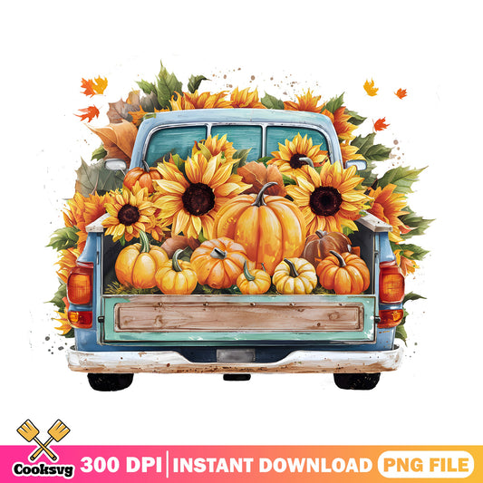 Fall Truck With Pumpkins PNG, Sunflower Autumn Truck, Fall PNG