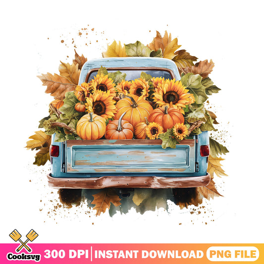 Fall Truck With Pumpkins Sunflowers PNG, Autumn Truck PNG, Thanksgiving PNG