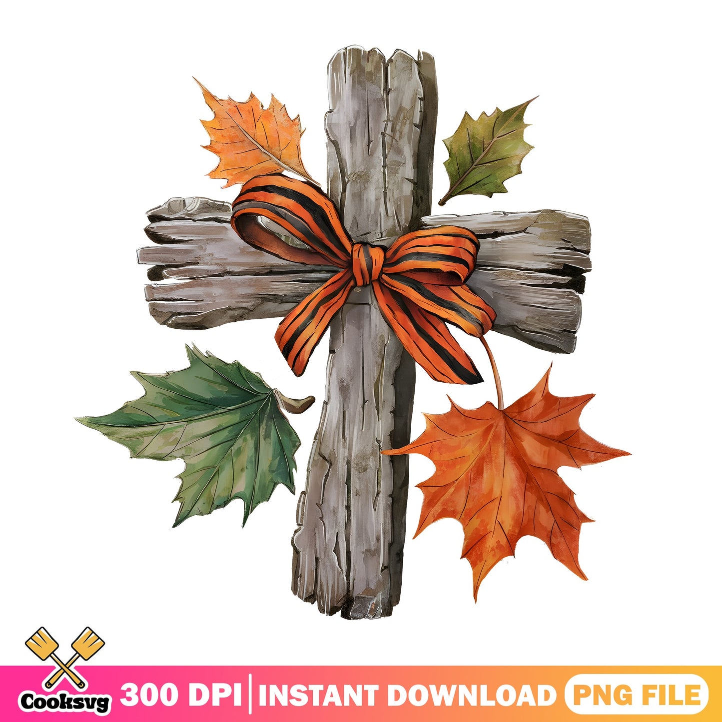 Fall Wooden Cross With Autumn Leaves PNG, Fall Cross PNG, Christian PNG