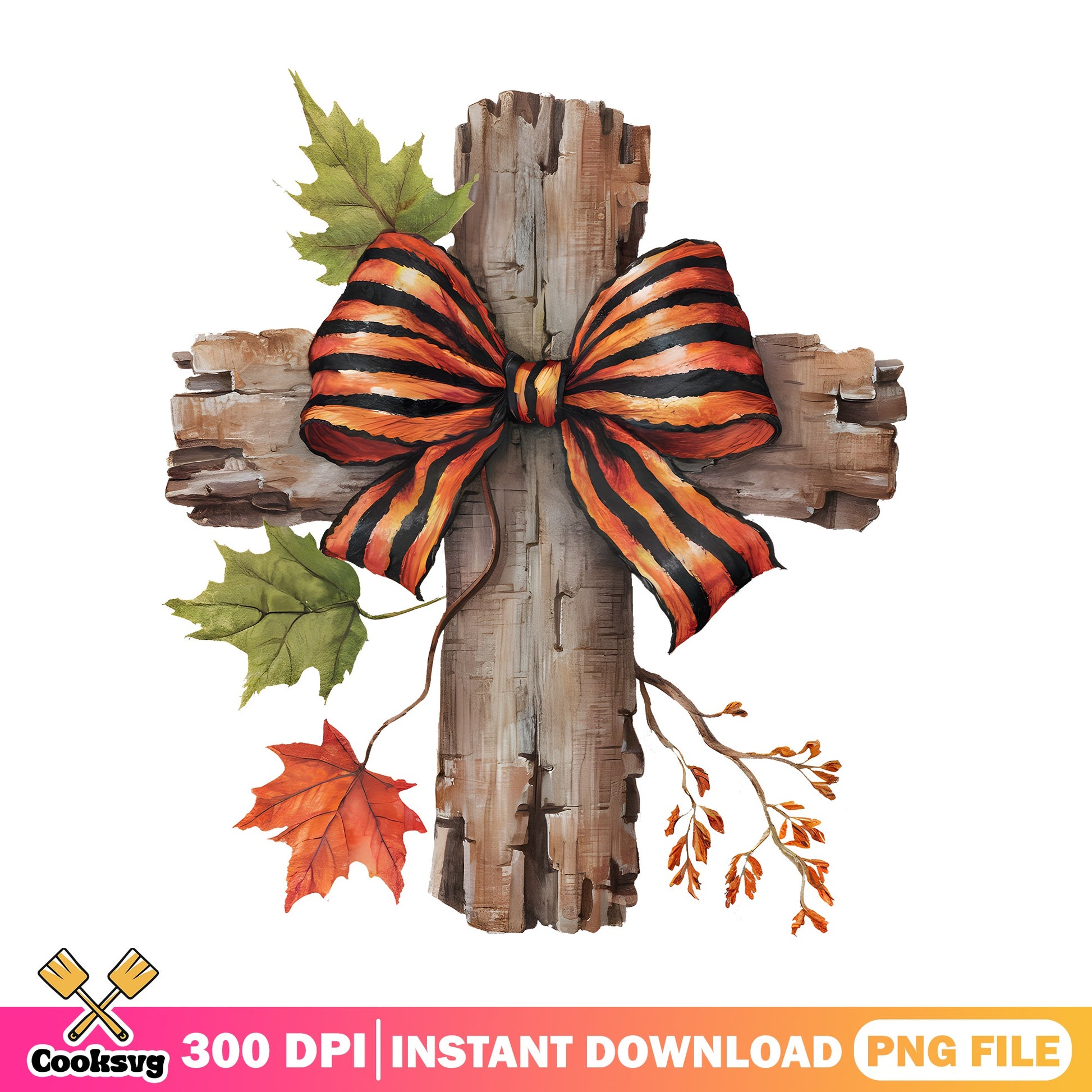 Fall Wooden Cross With Bow PNG, Autumn Leaves Cross PNG, Halloween PNG