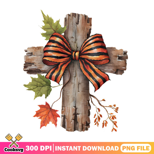 Fall Wooden Cross With Bow PNG, Autumn Leaves Cross PNG, Halloween PNG