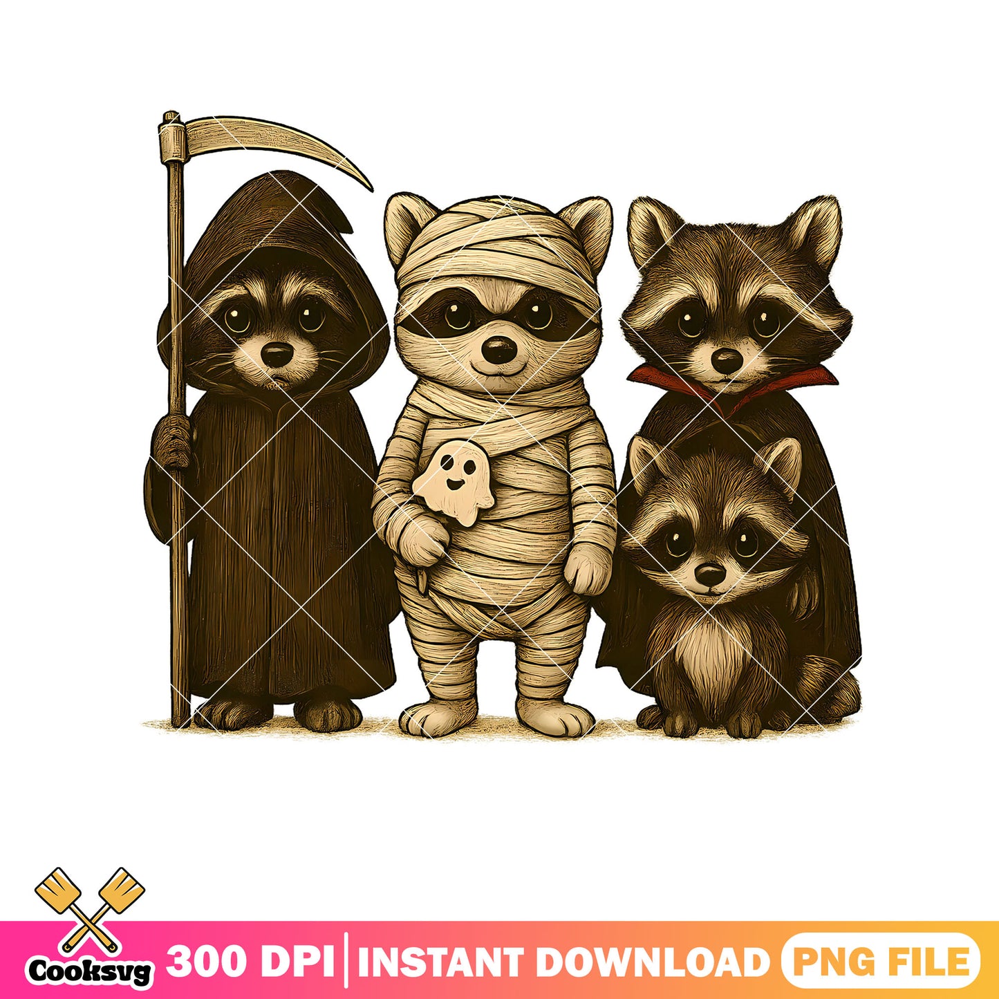 Family of four raccon png, reaper costume png, scary halloween night png