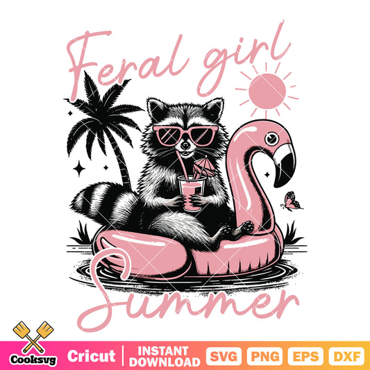 Feral girl raccoon summer svg, feral girl svg, raccoon rocket svg