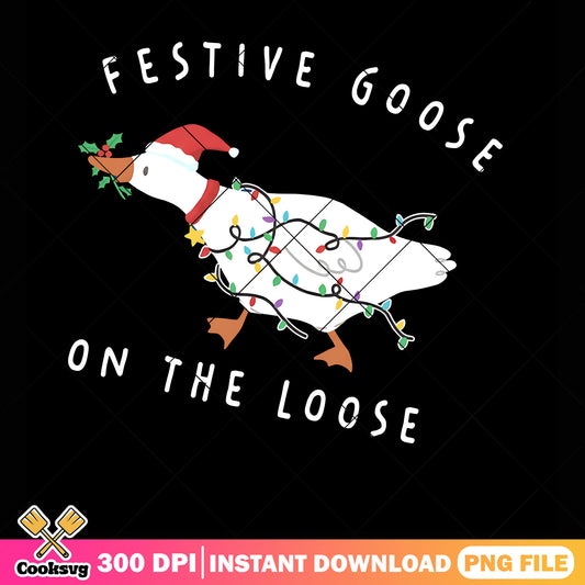 Festive goose on the loose png, stringlight christmas png, santa hat png