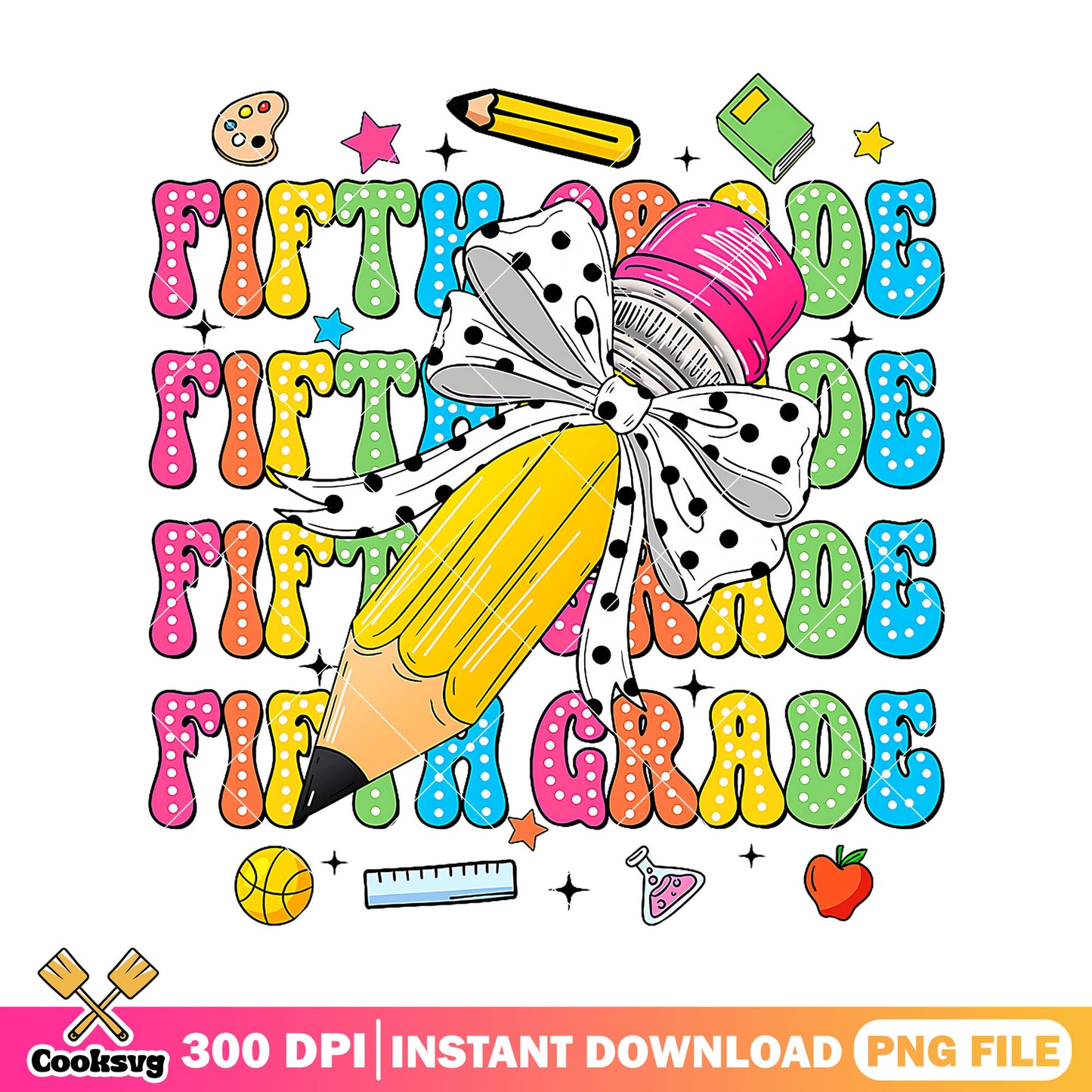 Fifth grade pencil design png, back to school art png, bow pencil png